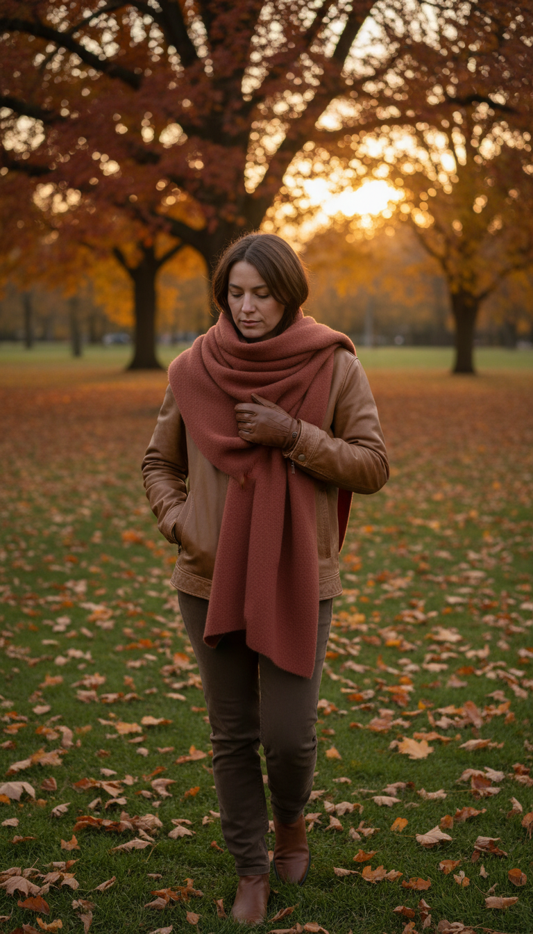 Clay Red Wool Oversized Scarf in use