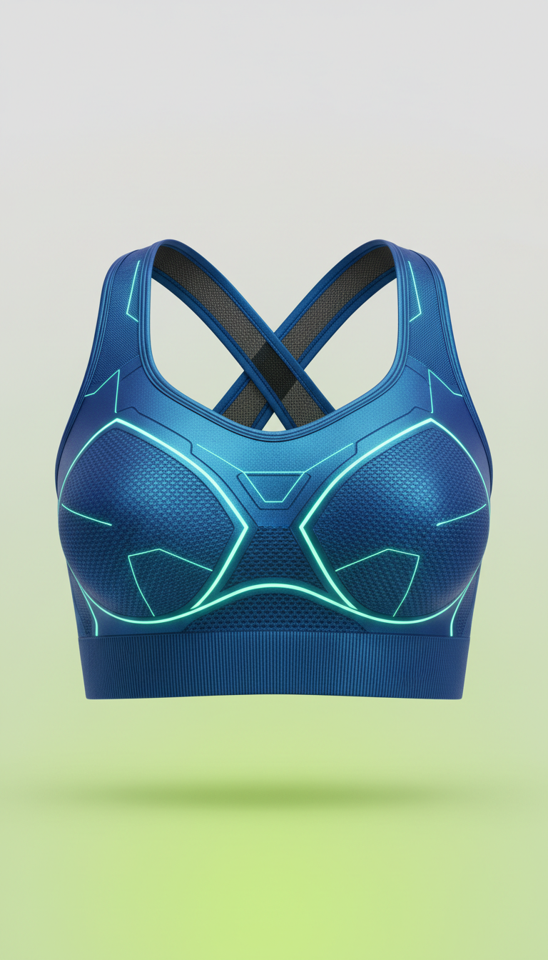 A front-facing view of a high-tech Electric Blue sports bra, showcasing its design and fabric texture. A subtle shadow...