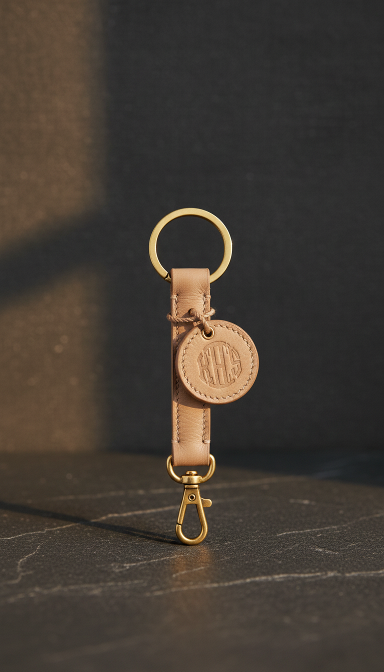 Soft Taupe Italian Leather Keychain in a new setting
