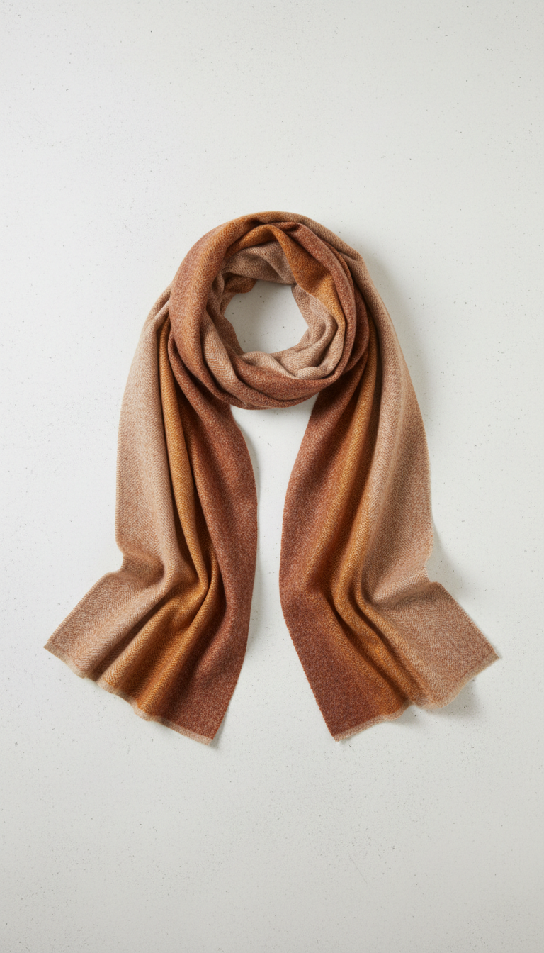 A merino wool scarf presented on a simple, illuminated with soft, with a delicate shadow underneath. The colors are warm...