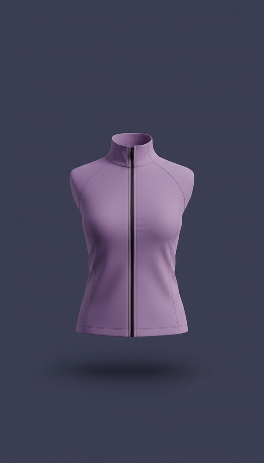 Violet shadow zip-front performance jacket, 3/4 angle product shots on color-blocked plinths or suspended within geometric...