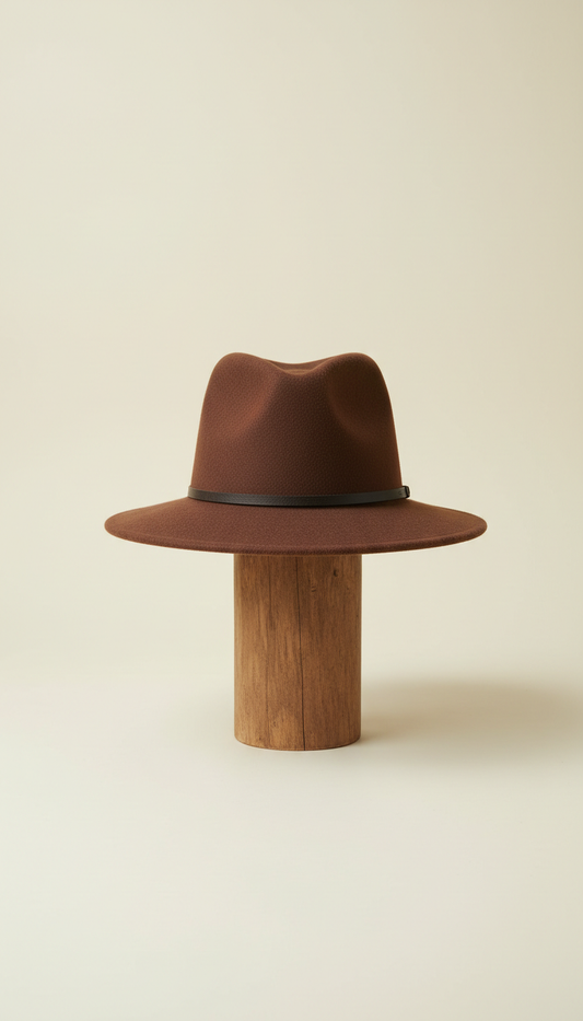 Chestnut Brown Heritage Hat, Three-quarter angle product shots on gently textured Antique Ivory surface for apparel; hats...