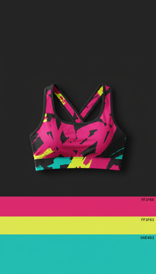 Rogue Magenta cropped sports bra, Three-quarter angle product shots on clean white or deep black backgrounds—one hero shot...