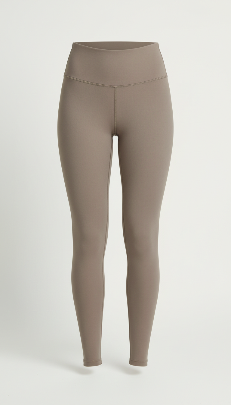 Taupe Veil high-waist legging, Three-quarter angle on torso-to-knee framing—emphasizing fit and layering without full-body...