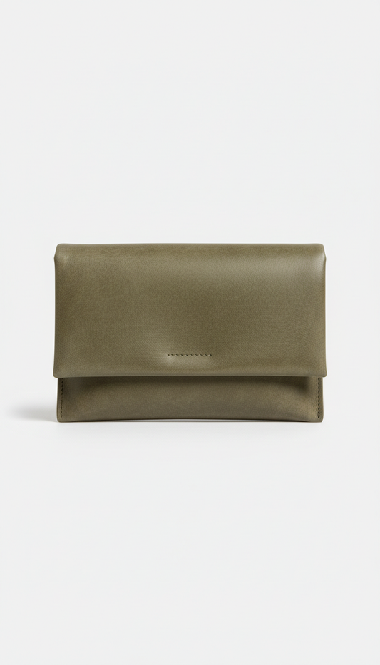 Olive Concrete leather clutch, perfectly centered horizontally and vertically with equal negative space above and below,...