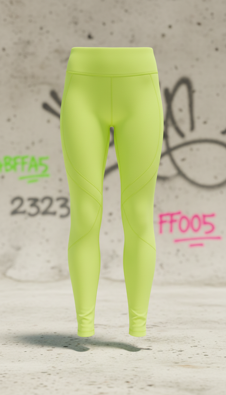 Fitted neon lemon leggings, Hero product shots use a slightly above eye-level 3/4 angle (for sneakers or hoodies) on...