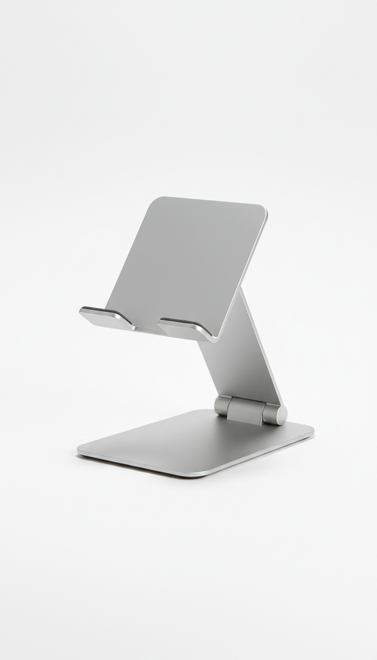 Display a steel tablet holder with a minimalistic design, no brand names, no text, no trademarks