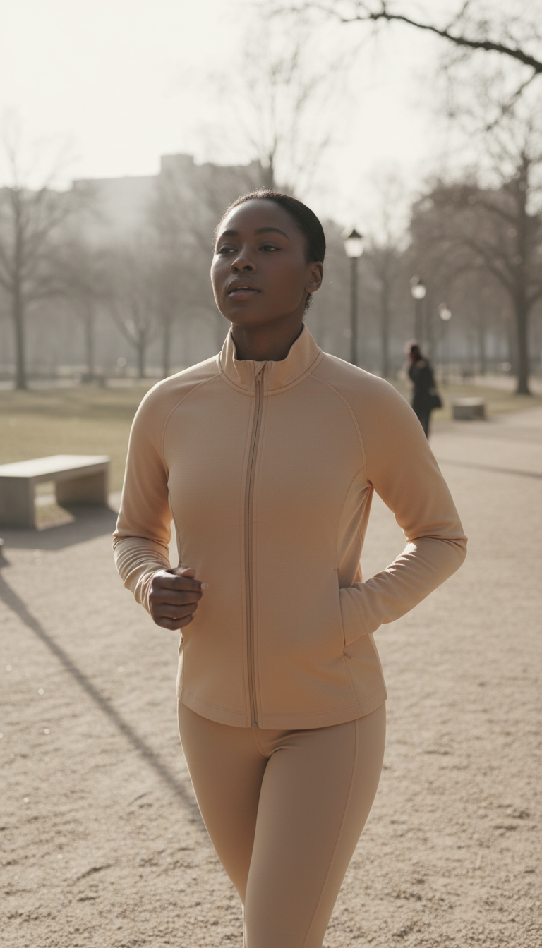 Lightweight Workout Jacket in Warm Sand in use