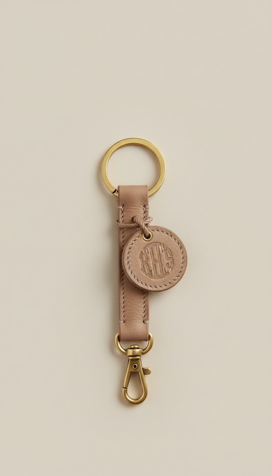 Soft taupe Italian leather keychain, Default: 45-degree 3/4 angle—shows monogram detail and material character on a single...