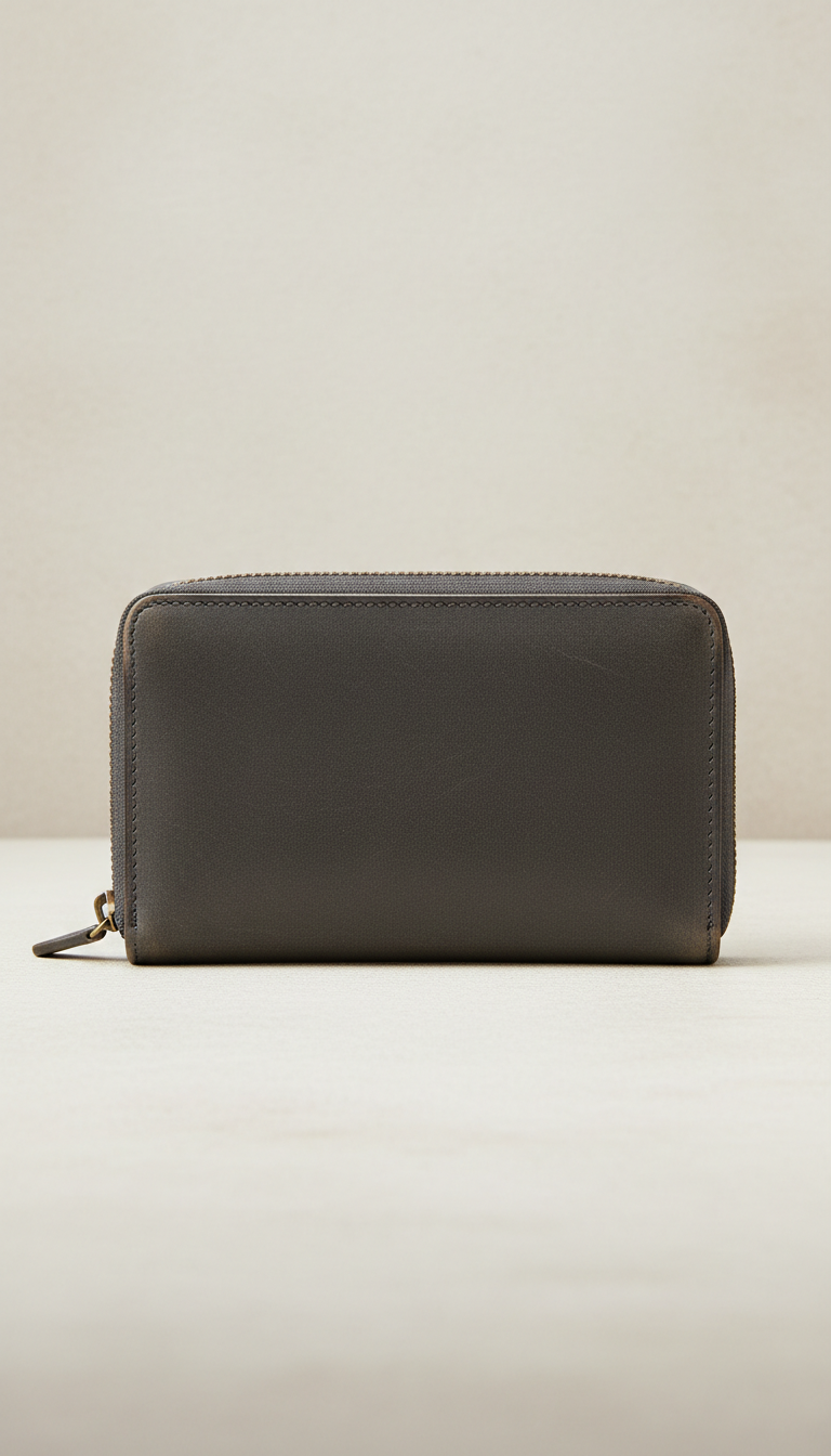 Graphite zip-around wallet, perfectly centered horizontally and vertically with equal negative space above and below,...
