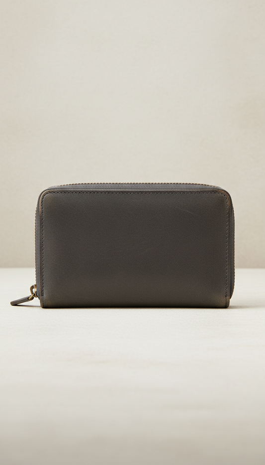 Graphite zip-around wallet, perfectly centered horizontally and vertically with equal negative space above and below,...