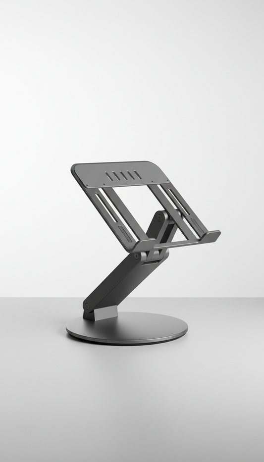 An ergonomic laptop stand is perfectly centered in the frame against a clean, minimalistic background. The stand is...