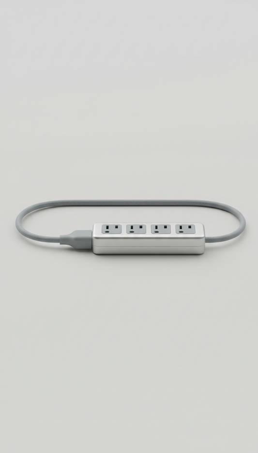 Sleek extension cord, Single product isolated on a matte surface (white or pale grey), shot at a three-quarter angle to...