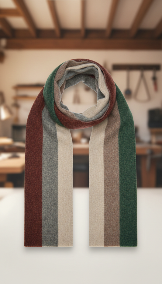 Cashmere Travel Scarf, 3/4 angle product shots on oiled wood or stone surfaces (never pure white), showing tactile...